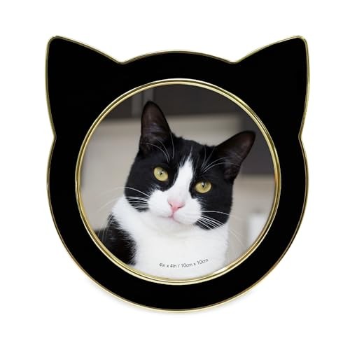 Round Enamel Cat Picture Frame w/Ears – Tabletop, Home & 4×4 Black with Gold