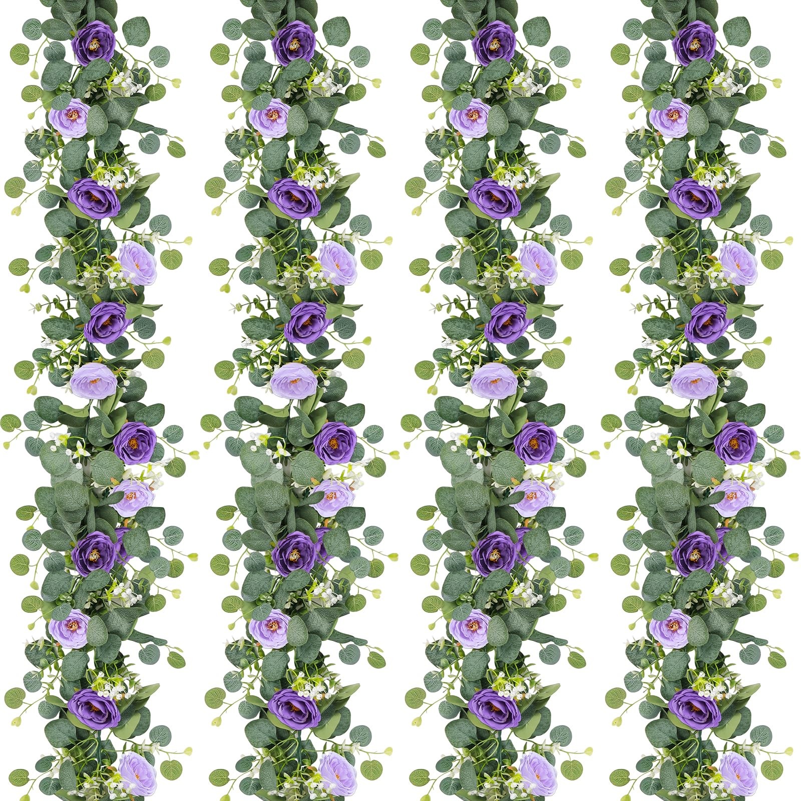 4 Pack Artificial Eucalyptus Flower Garland with Purple Roses, Fake Rose Flow…
