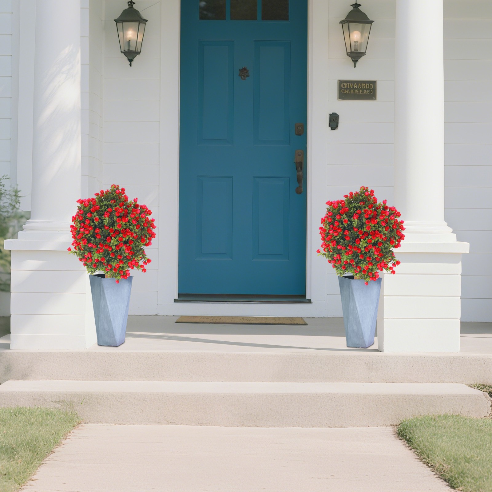2* Artificial Boxwood Topiary Ball Trees Set with Red Flowers for Indoor/Outdoor