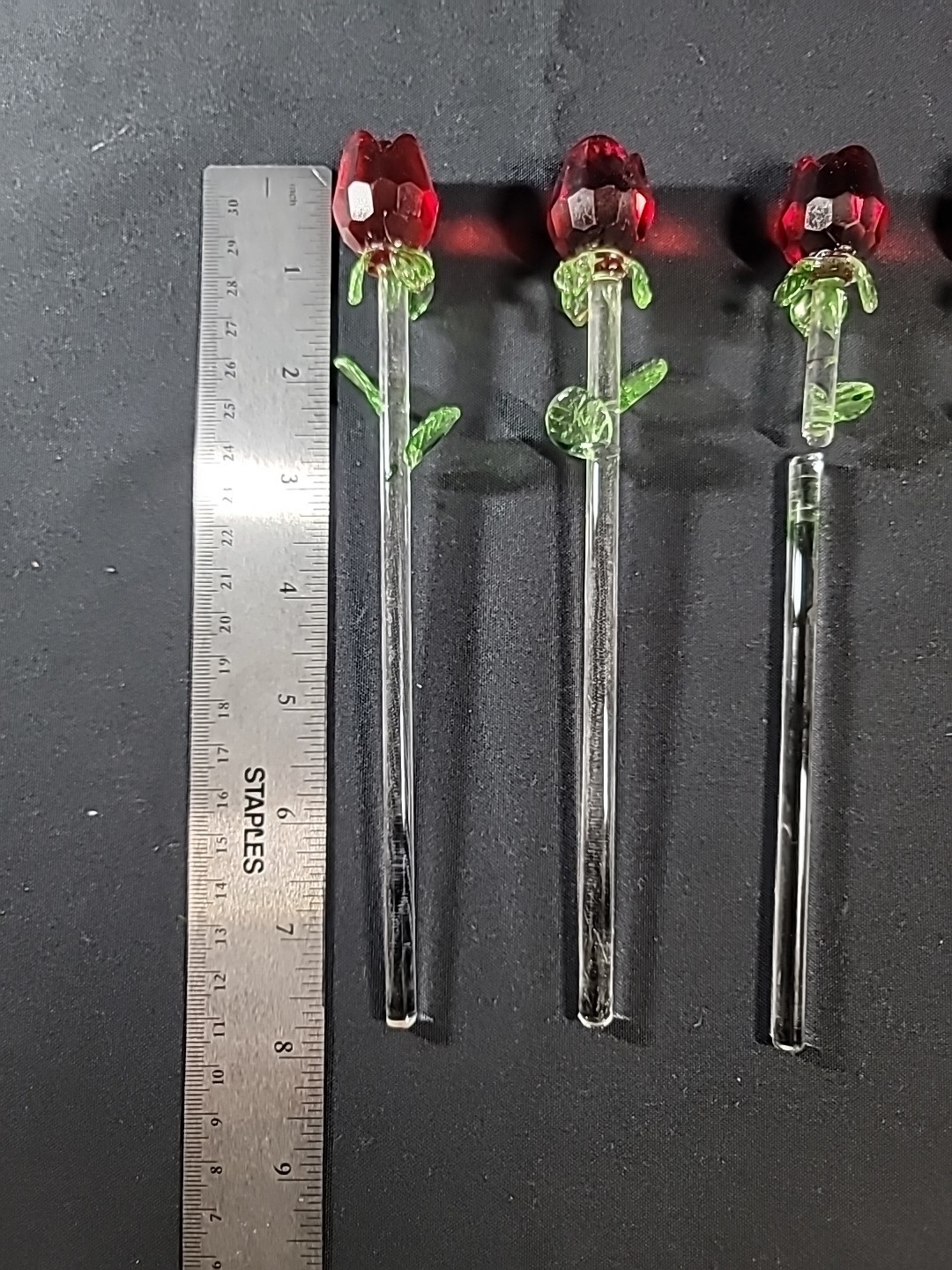 Lot of 6 Crystal Glass Red Rose Clear Green Stem 8” One Broken Piece 4 Repair