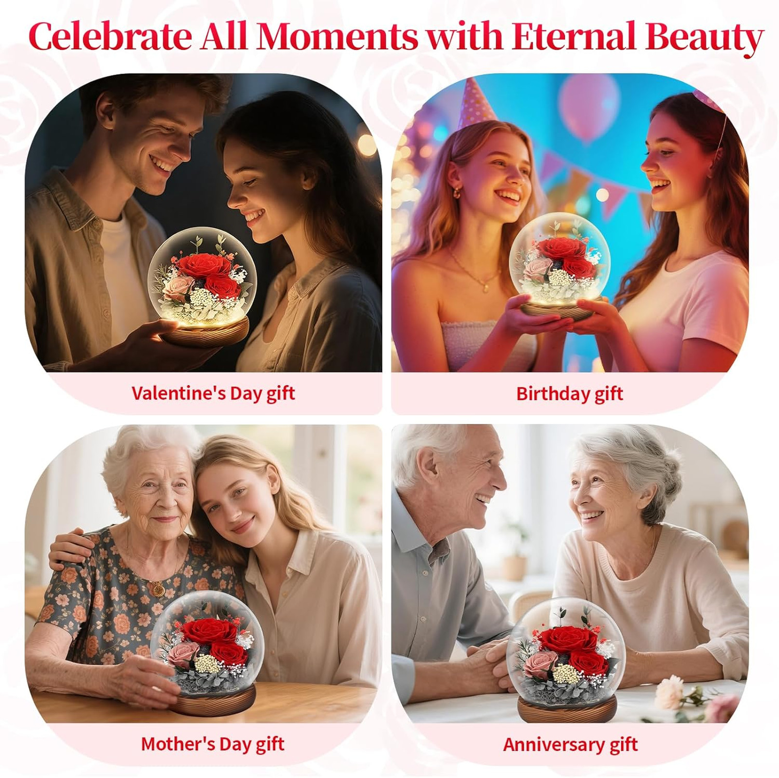 Preserved Flowers for Delivery, Eternal Rose with LED Glass Dome, Gifts for Mom