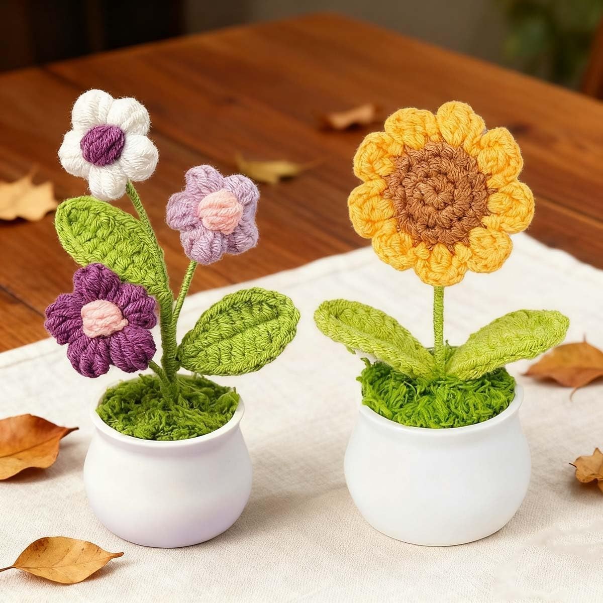 Crochet Flowers, Cute Desk Decor, Handmade Sunflower and Puff Flower Pots, Mini