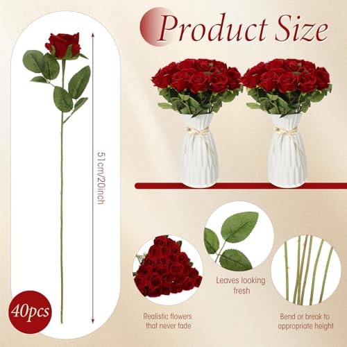 40 Pcs Rose Artificial Flowers Bulk with Long Stem,Realistic Silk Wine Red