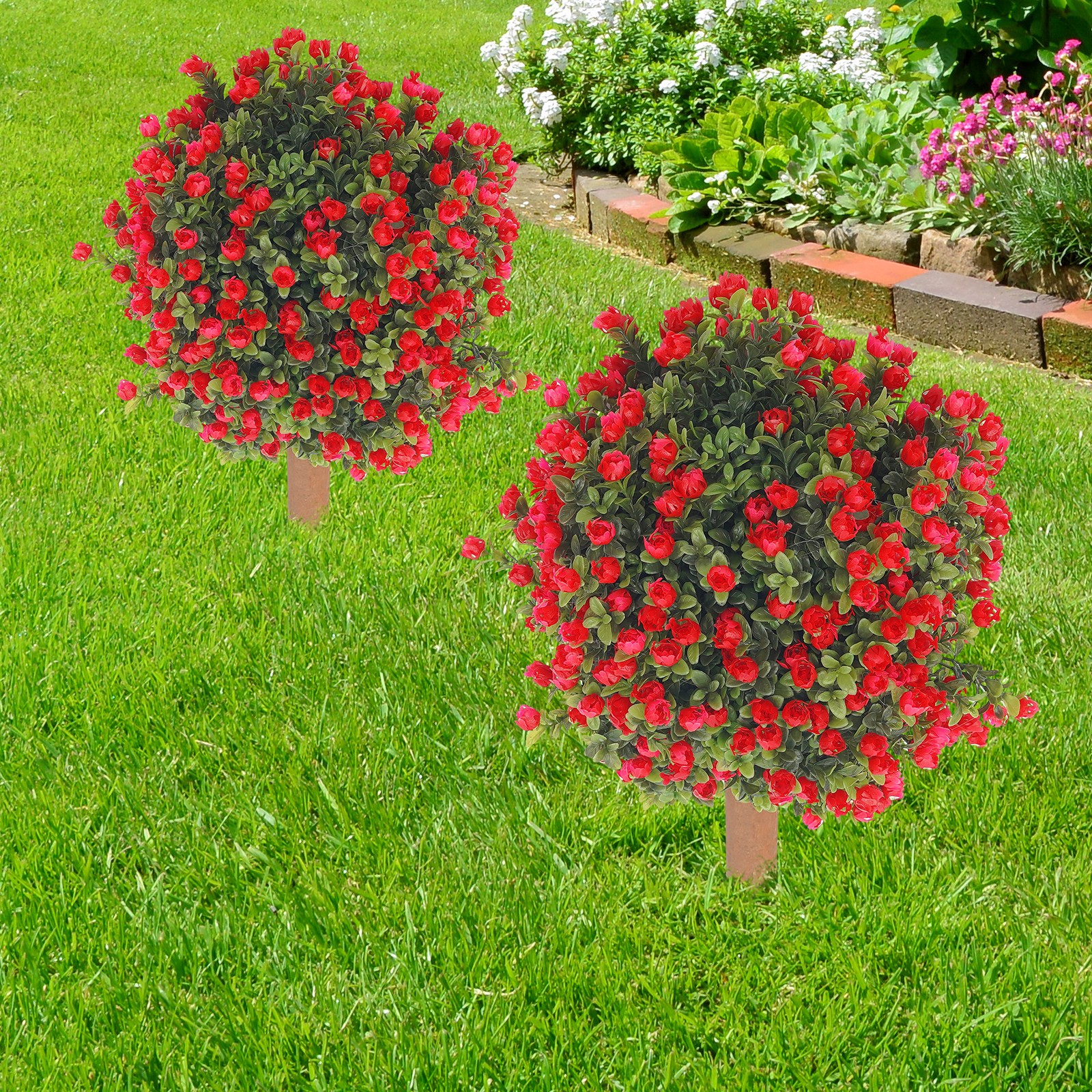 2* Artificial Boxwood Topiary Ball Trees Set with Red Flowers for Indoor/Outdoor