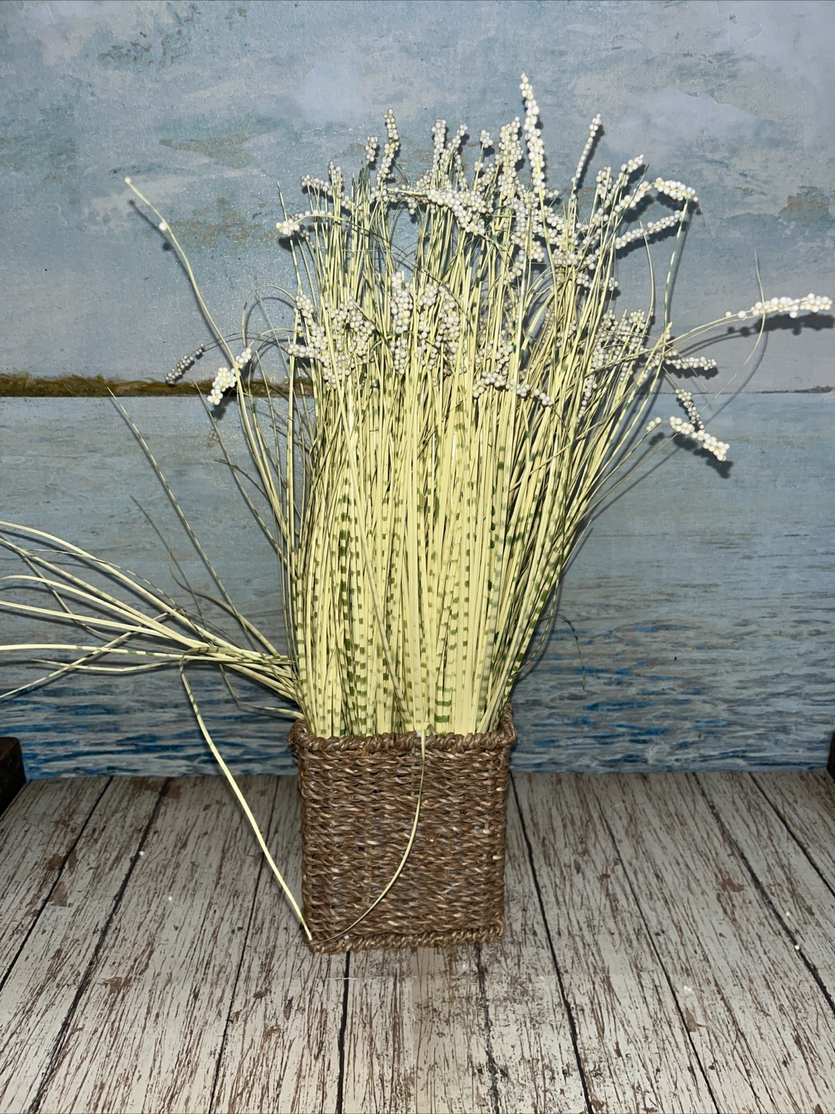 Artificial White Flowers in Woven Sea Grass Basket 4”x16” Green & Yellow Grass