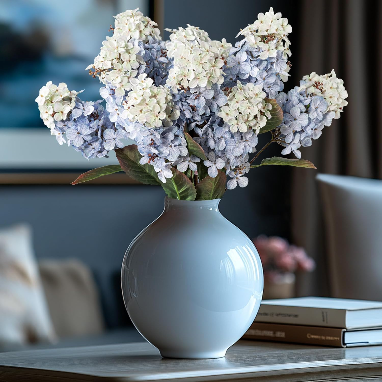 Green Hydrangea Artificial Flowers,Fake Fall Flowers Silk Hydrangea with Stems,F