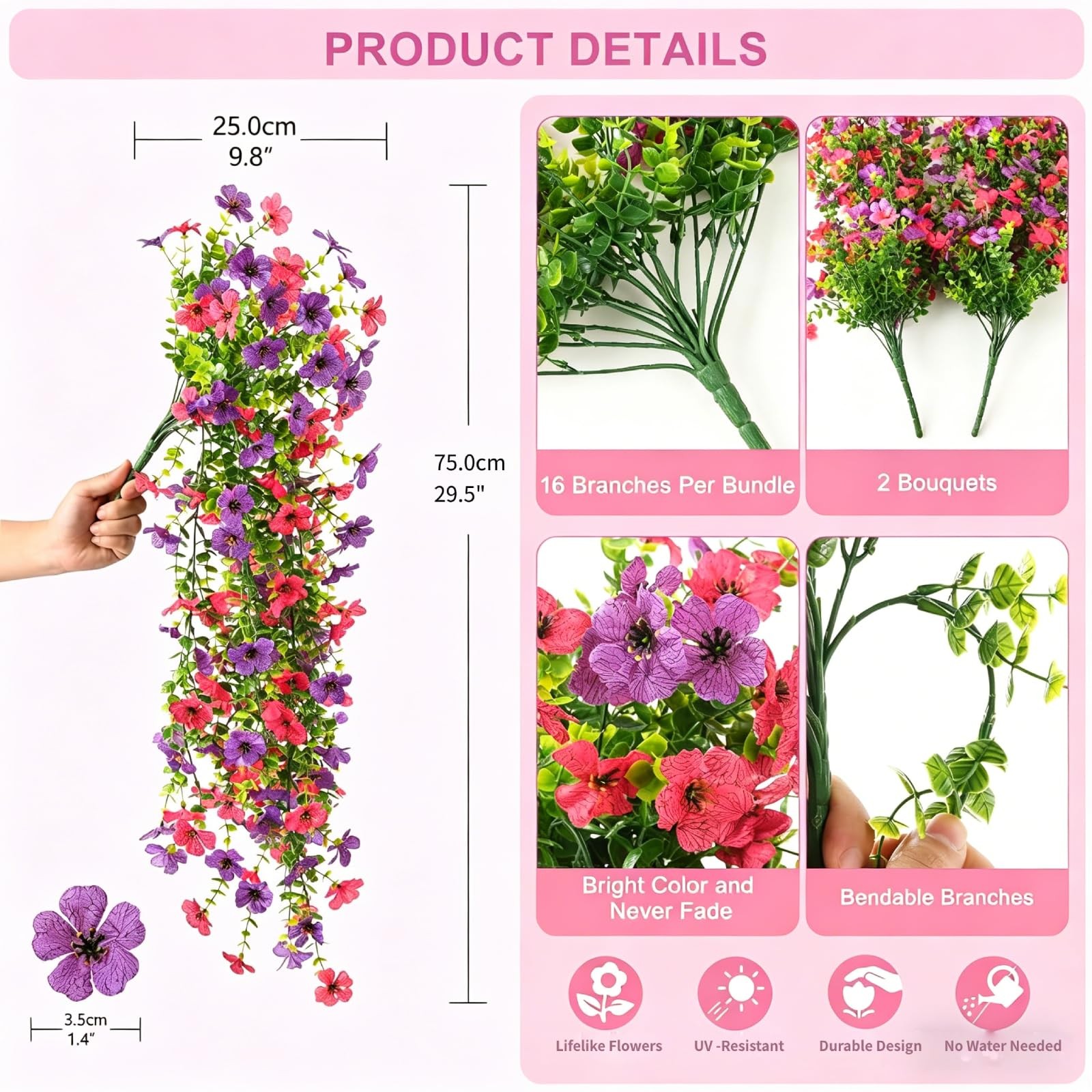 2PCS Artificial Fake Hanging Flowers Plants for Spring Summer Outdoor Decorat…