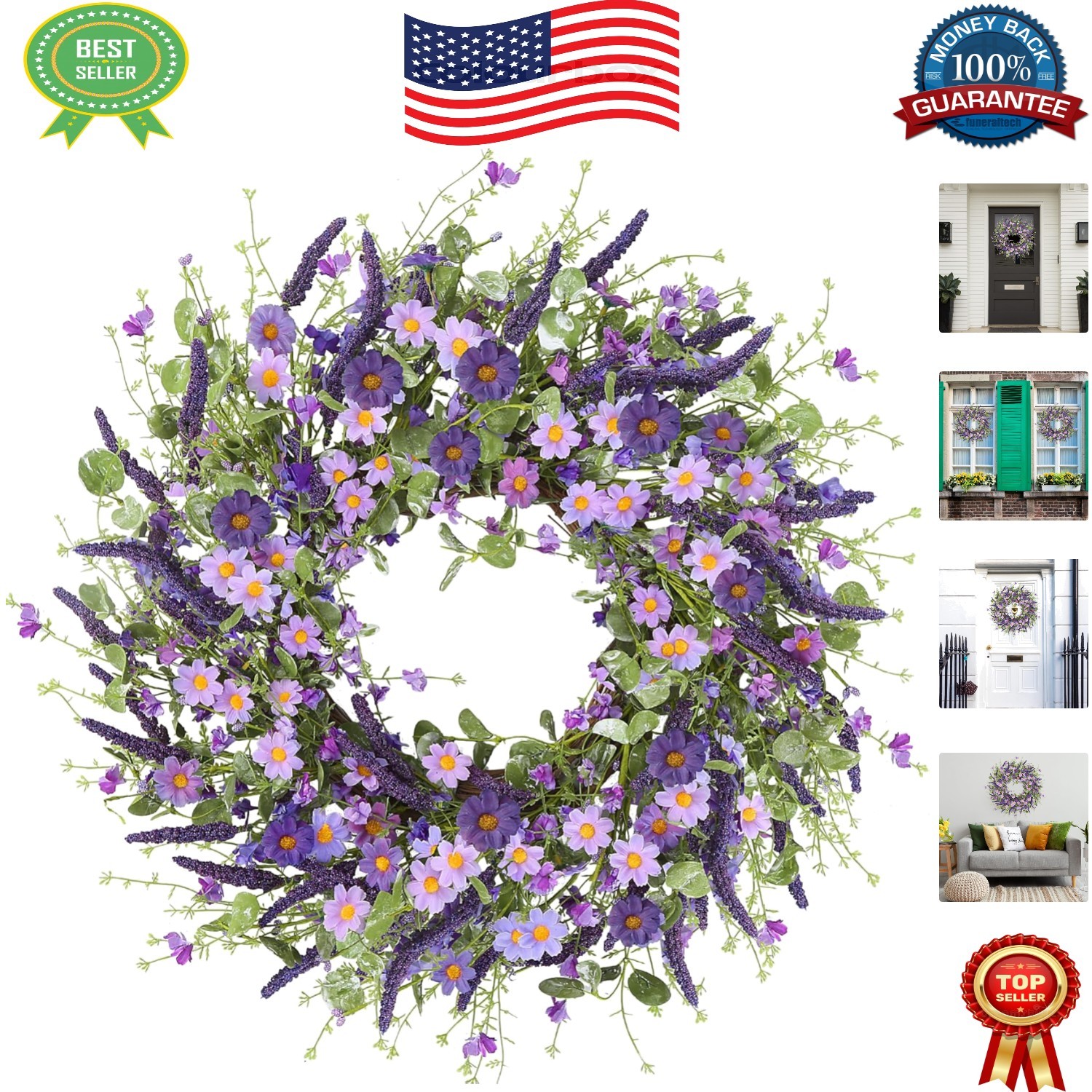 Elegant 24-Inch Purple Daisy Wreath for Front Door Decor – Handmade Silk Floral