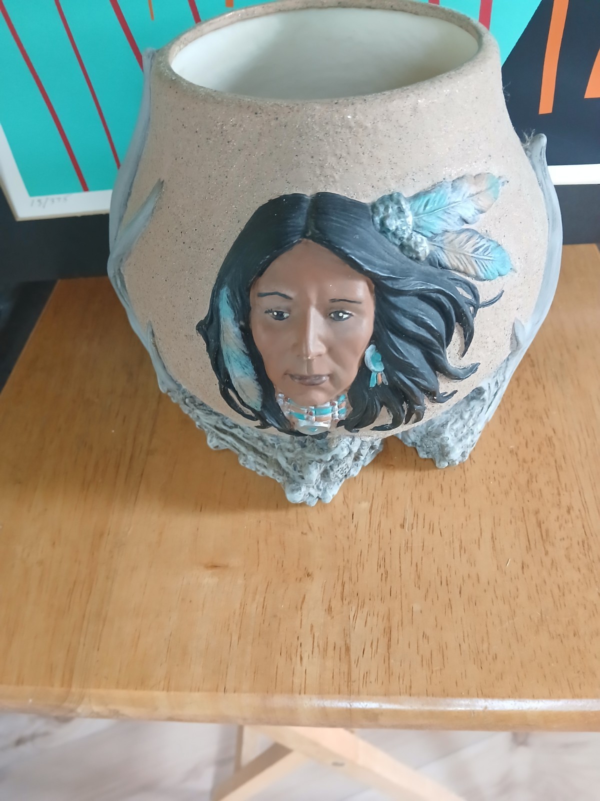 Native American Ceramic Round Planter Cachepot w/ Face & Antler Design