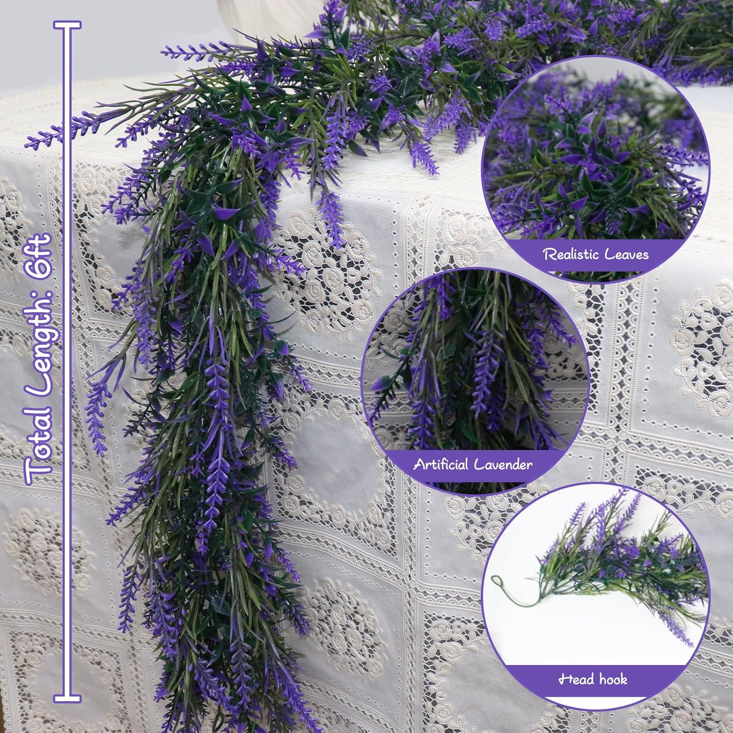 6Ft Purple Lavender Artificial Garland Decor, Spring Summer All Year Lavender De
