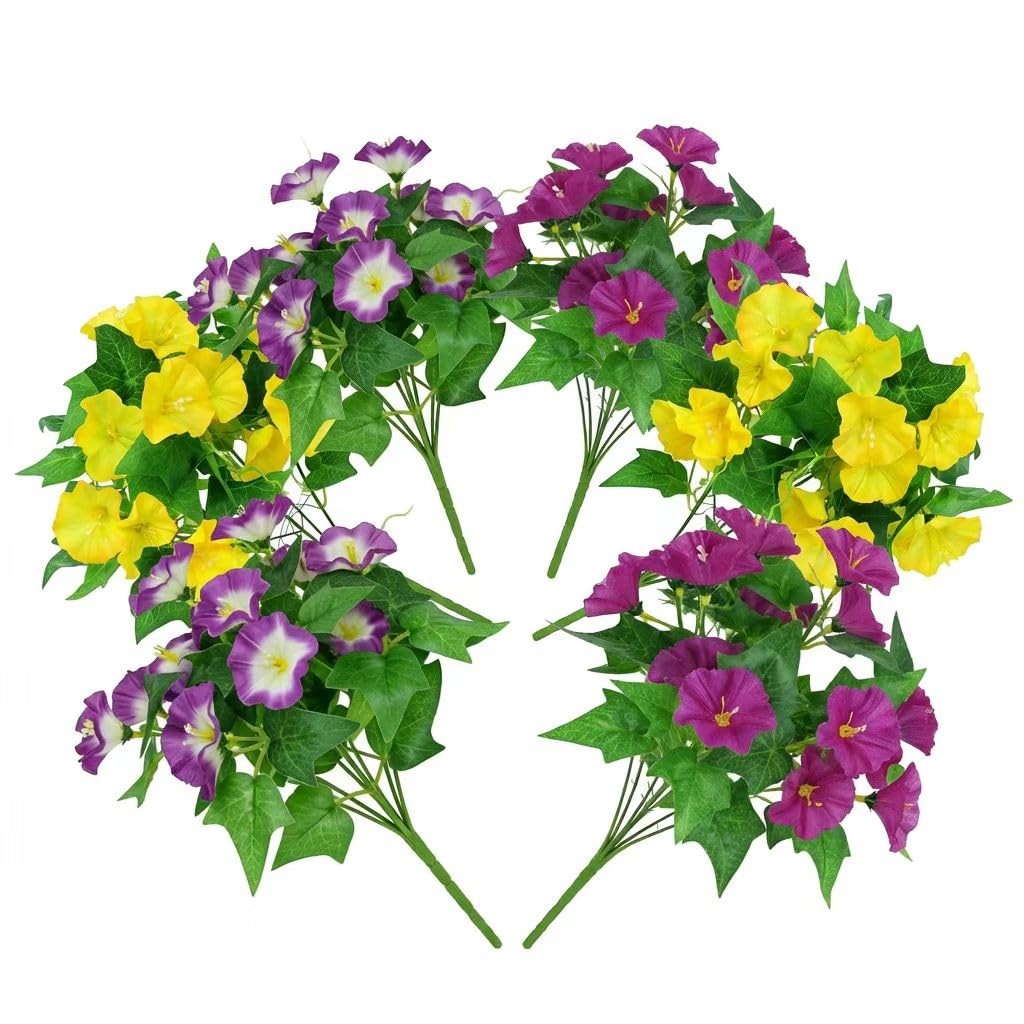 6 Bundles Artificial Morning Glories Mixed Colors (2 Yellow, 2 Purple, 2 Bi-C…