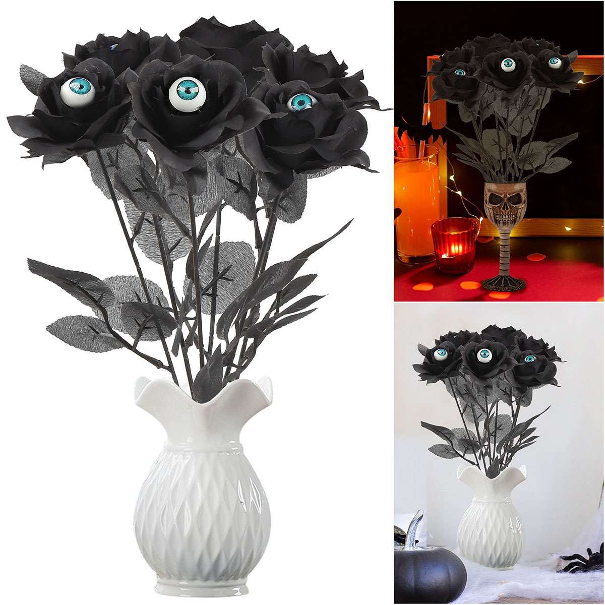 Black Artificial Eyeball Rose Bouquet Flower Eye Ball Rose Halloween Party Decor