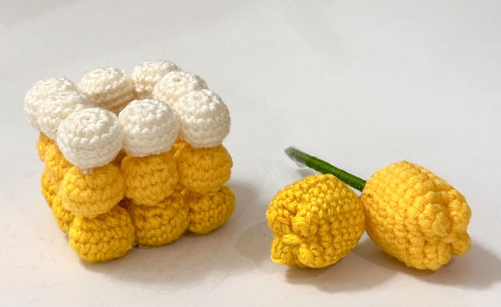 Hand Made Crochet Tulip Flowers in Pot & White Rose Bouquet Gift