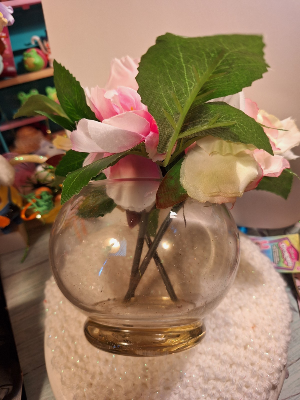 Peony White And Pink Glass Vase 6″ tall  Spring Centerpiece Flowers In Resin