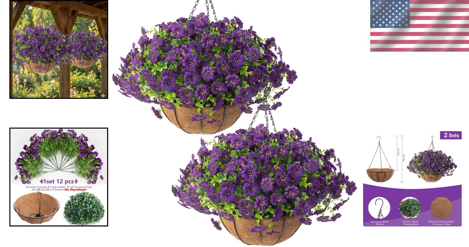 Artificial Outdoor Flowers in Hanging Planters – Purple