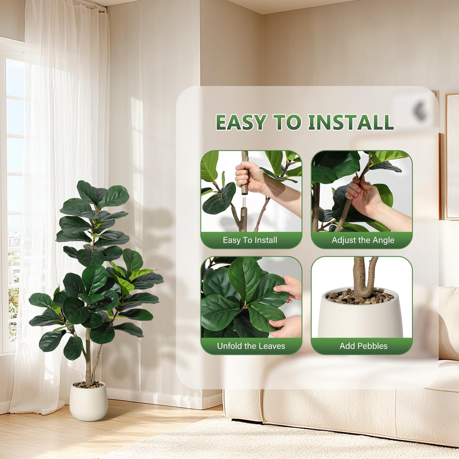 4 ft Fiddle Leaf Fig Tree Artificial with 48 Leaves – Realistic Faux Ficus Ly…