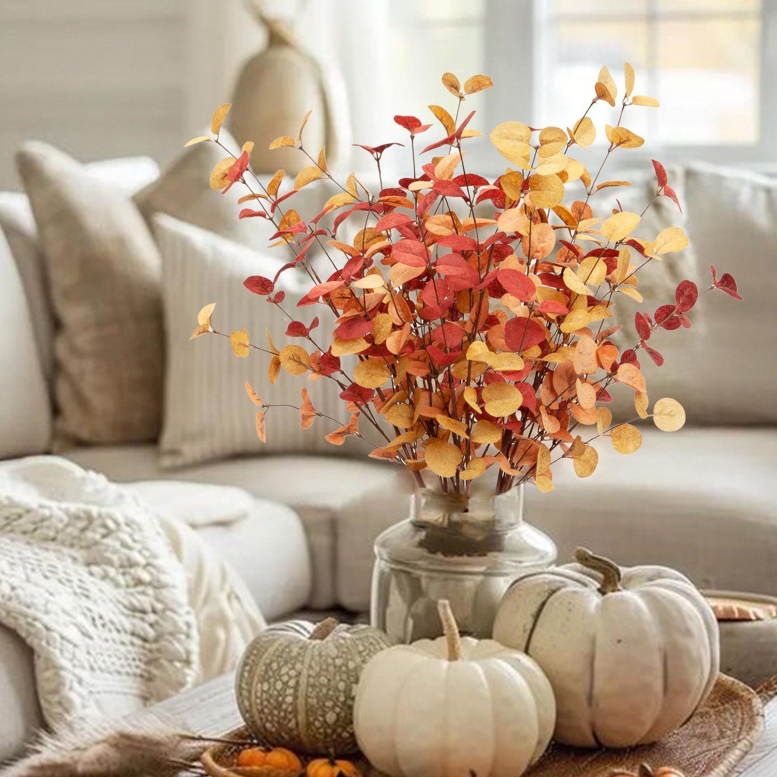 Eucalyptus Stems 6 Pcs, Fall Autumn Decor, Artificial Leaves, Orange