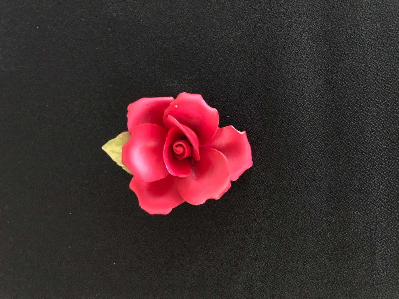 VINTAGE PORELAIN RED ROSE FLOWER WITH GREEN LEAF, ITALY
