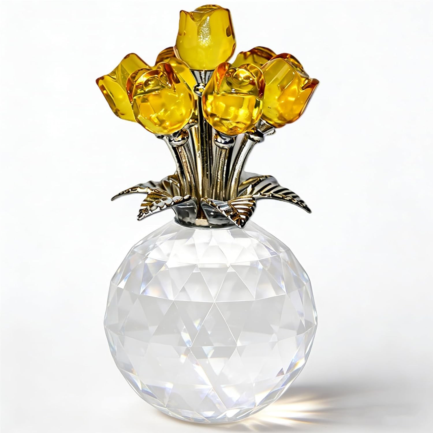 Crystal Rose Flower Bouquet Figurine – Crystal Roses with Clear Faceted Yellow