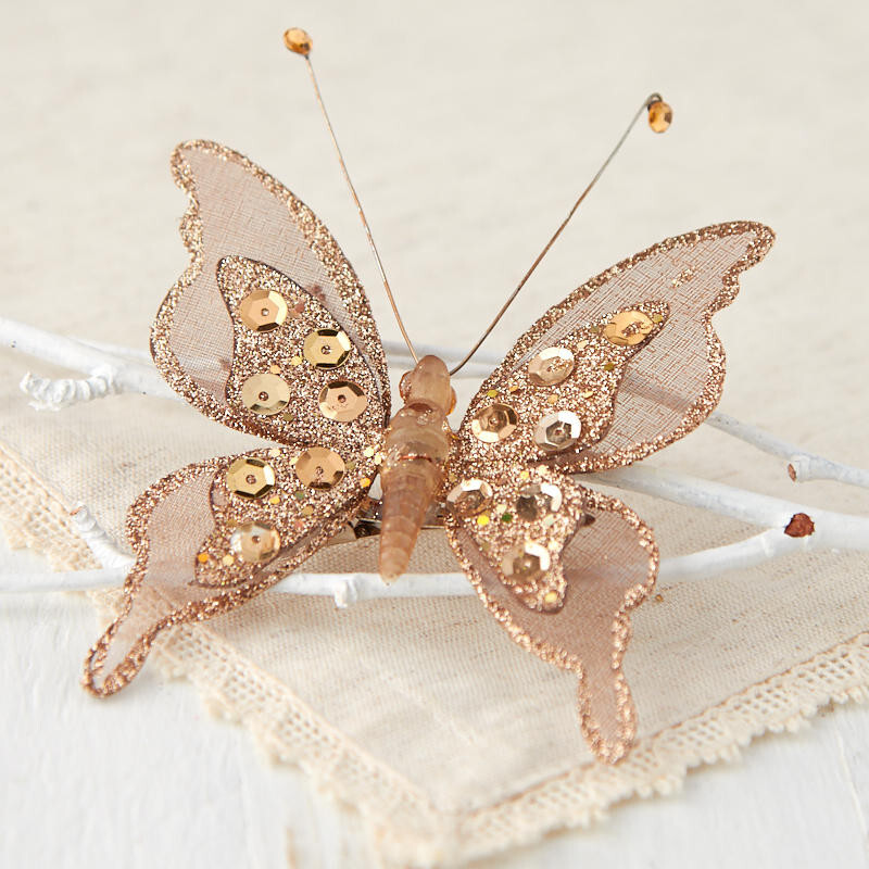 Set of 4 Brown Sequined and Glitter Artificial 3-1/2″ Butterflies with Clips