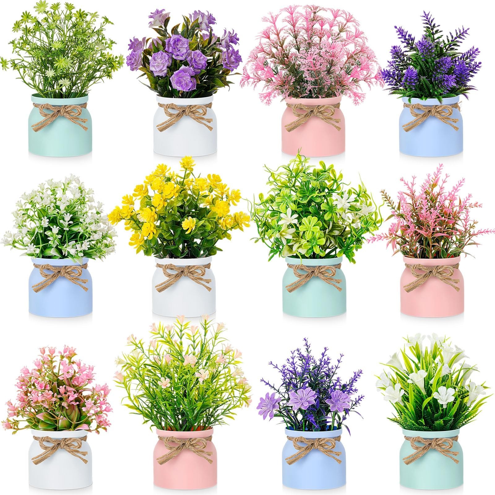 12 Pcs Mini Faux Potted Plants – Colorful Artificial Flowers for Home, Office, T