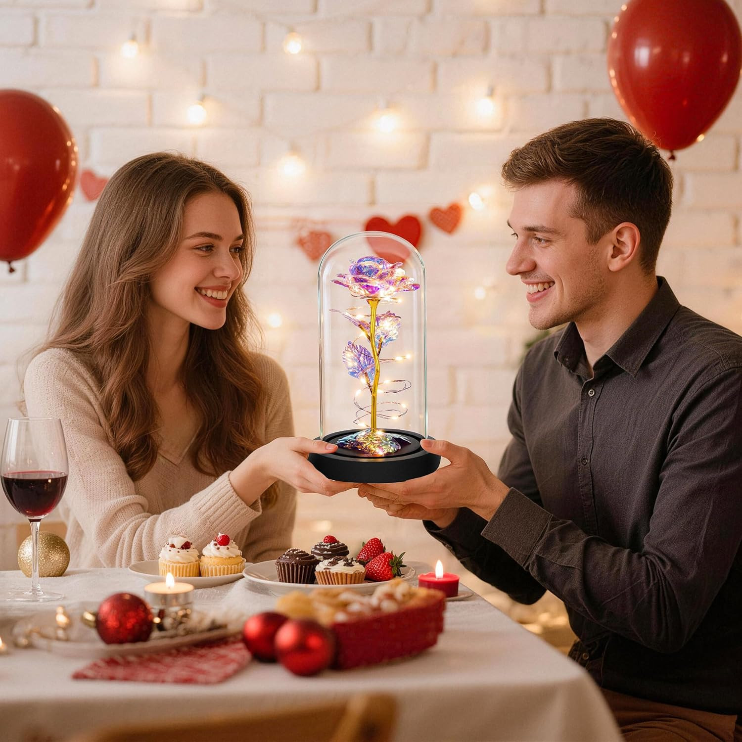 LED Rose in Glass Dome Gift for Her Valentine Anniversary Birthday Mom Wife