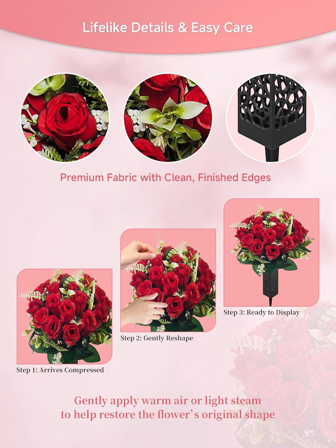 2 Pack Cemetery Flowers for Grave with Spiked Vases, 18-Stem Red Artificial Rose