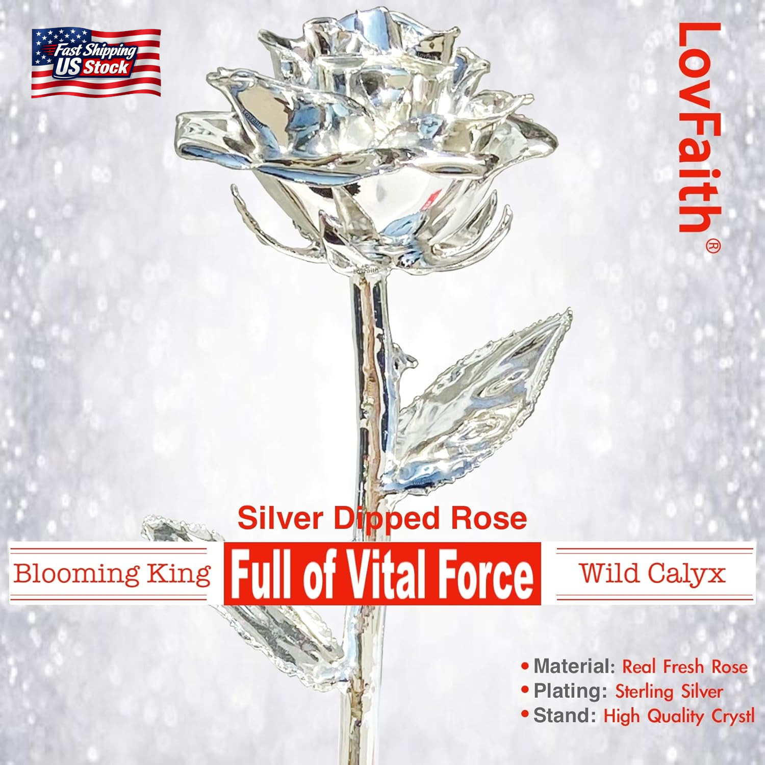 Valentine Gift Real Rose Dipped Thick Sterling Silver with Crystal Stand, Best 2