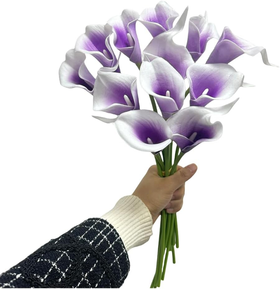 12Pcs Purple in White Artificial Calla Lily Flowers,Single Heads Real Touch | 13