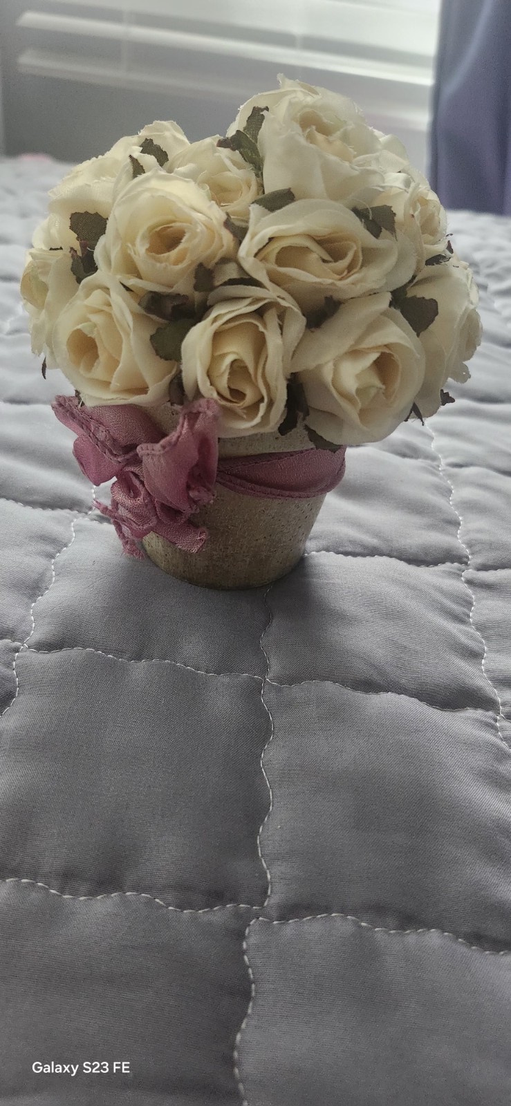 Artificial Cream Rose Arrangement in Pot with Pink Ribbon, Silk Flower Bouquet