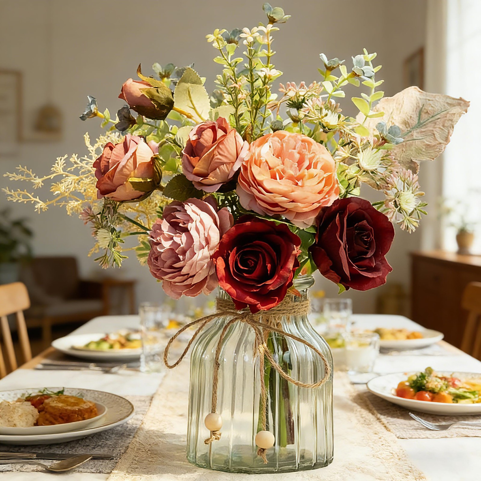 Fake Artificial Flowers with Vase Faux Silk Flower Bouquet in Glass Vase Rose…