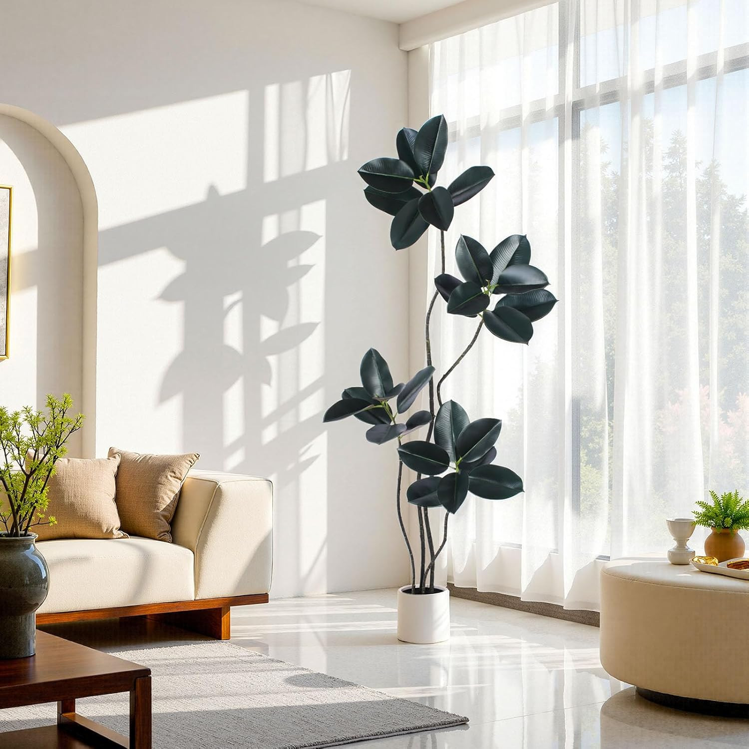 6FT Artificial Rubber Tree – Faux Indoor Plant with White Planter for Home Decor