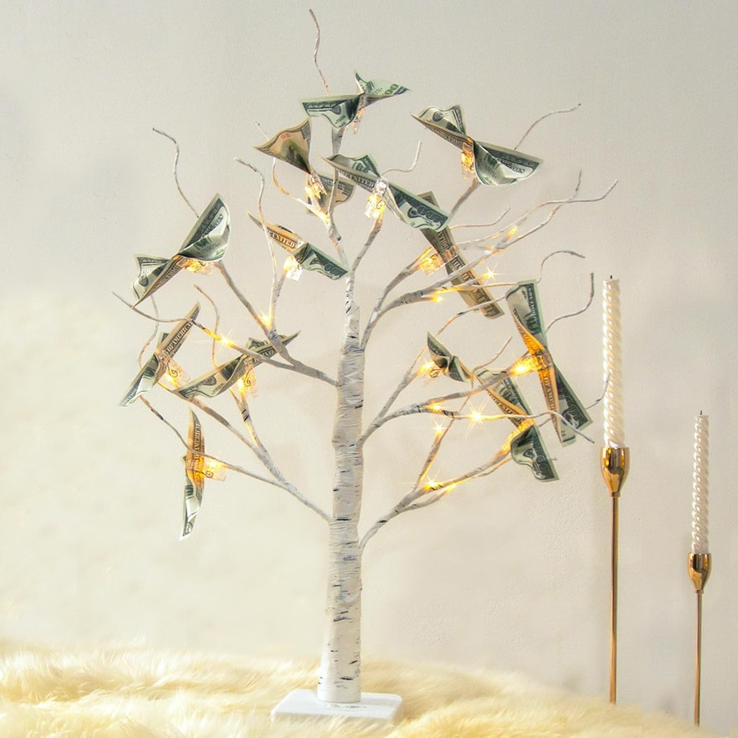 Money Tree Gift Holder, Lighted Tabletop Birch Tree with Clips and Greeting C…