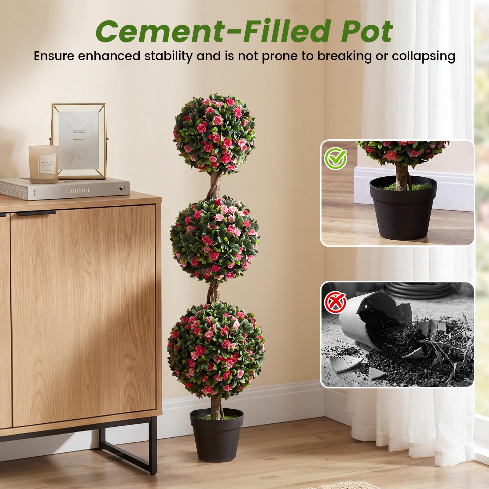 43.5” Artificial Triple Ball Rose Topiary Tree w/Lifelike Blooms & Green Leaves