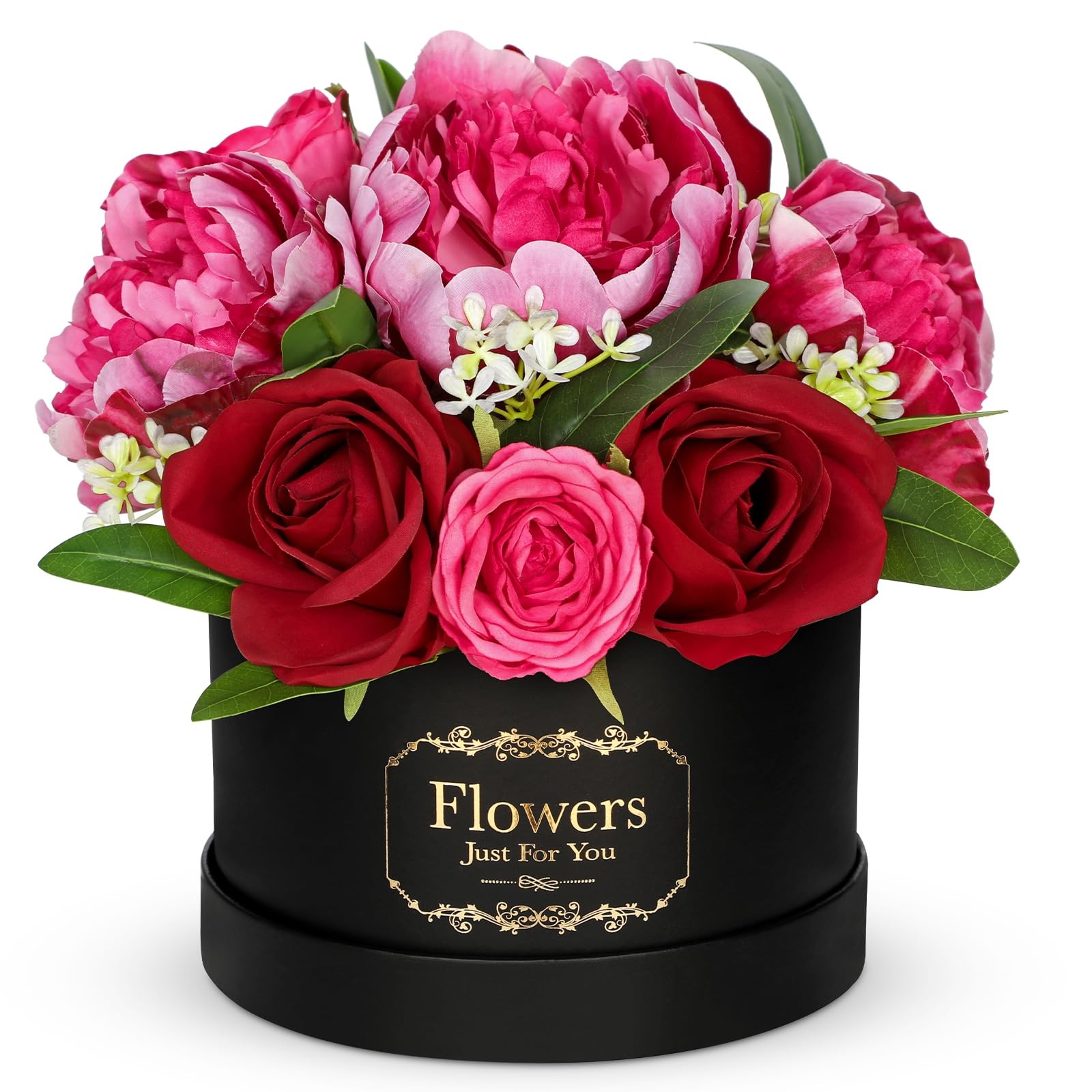Red Artificial Peonies Roses in Vase Round Gift Box with Fake Flowers