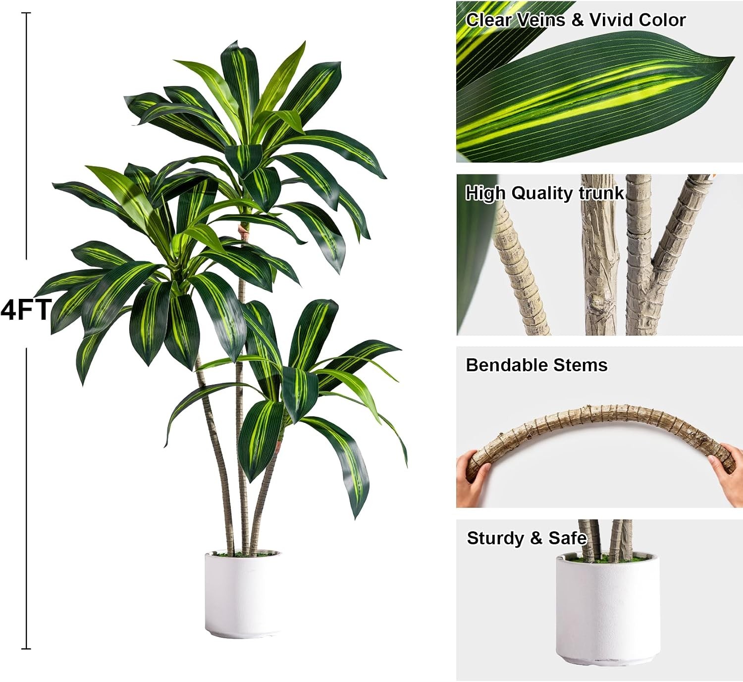 Erimda Artificial Fiddle Leaf Fig Tree 7ft with White Planter Realistic Fiddle