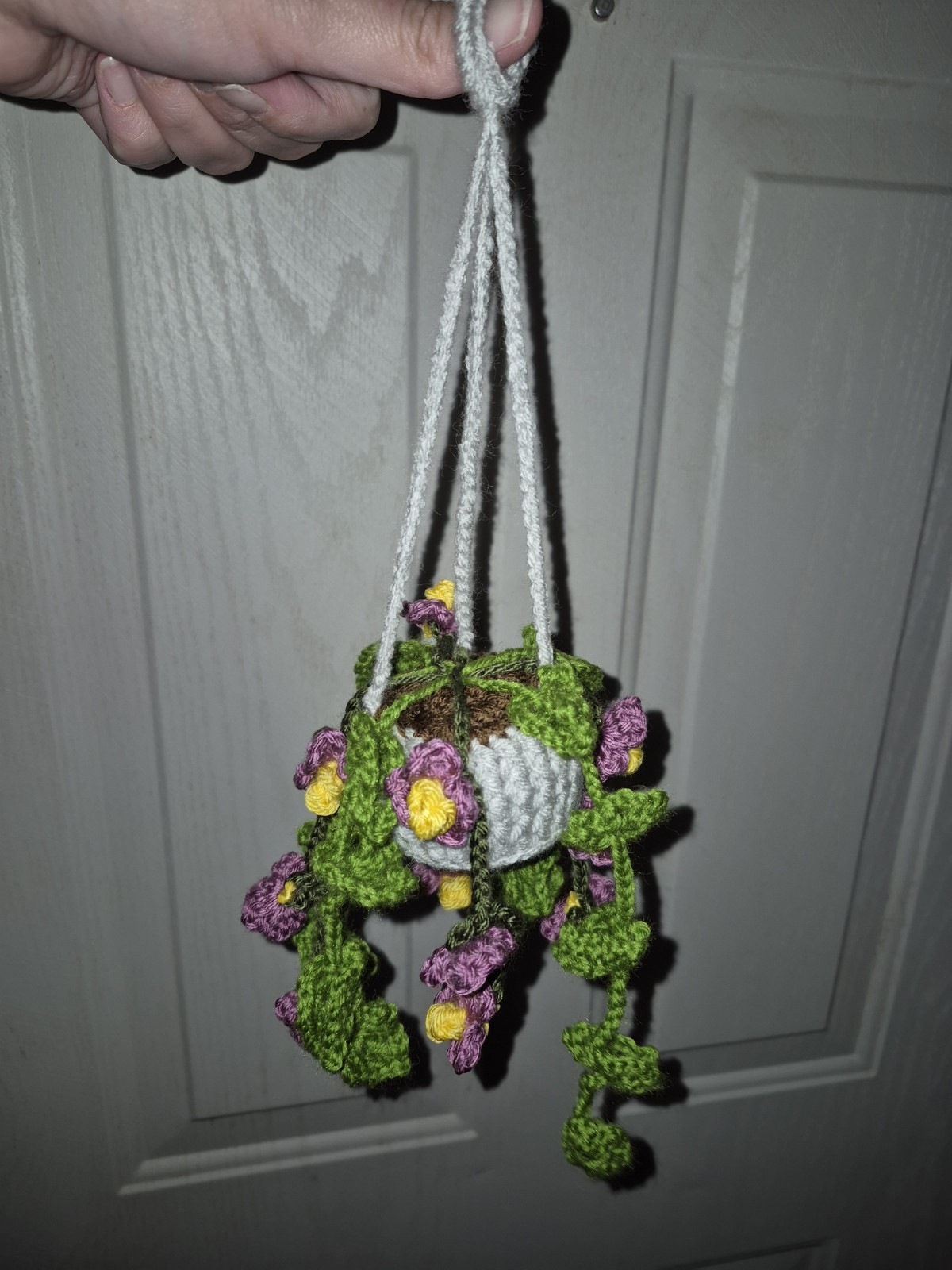 Crochet Yarn Artificial Hanging Plant, Green Leaves Purple Yellow White Flowers