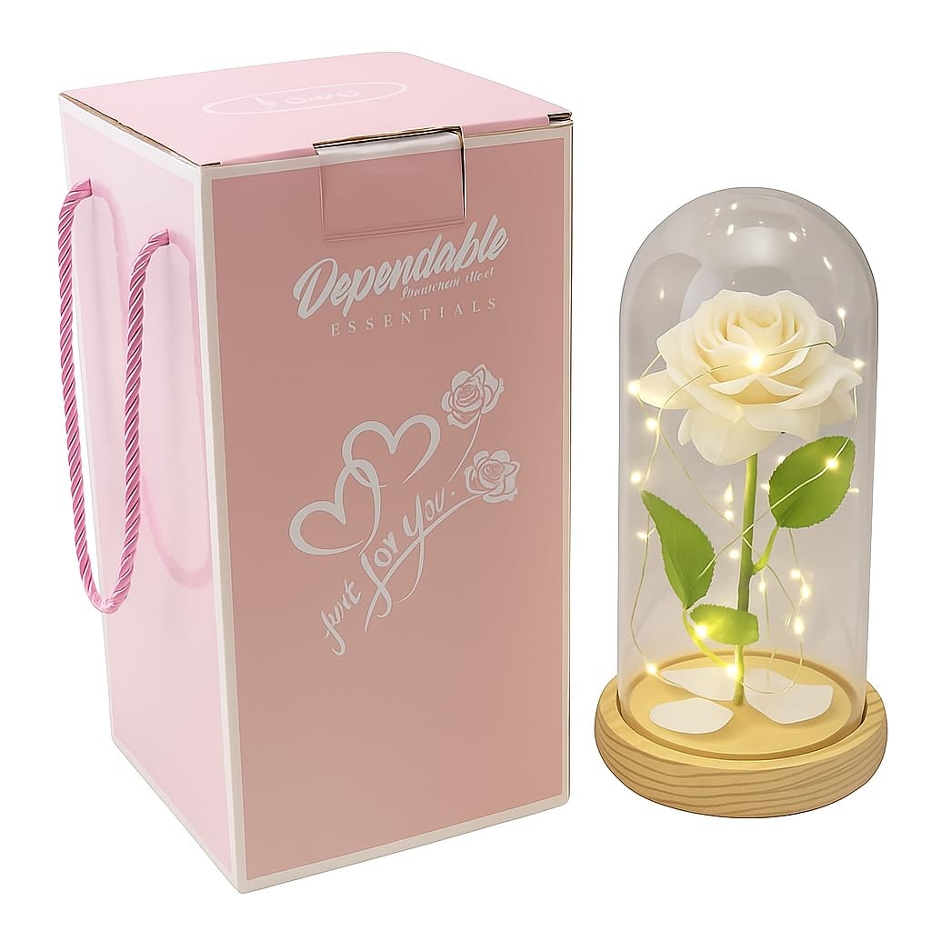 Eternal White Rose in Glass Dome with LED Lights – Light Up Artificial Rose D…
