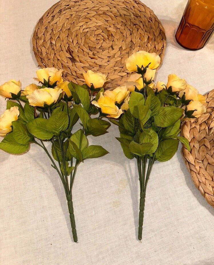 2 set 14″ Tall 14 Stems Yellow Roses Artificial Flowers Blossom Silk glass vase