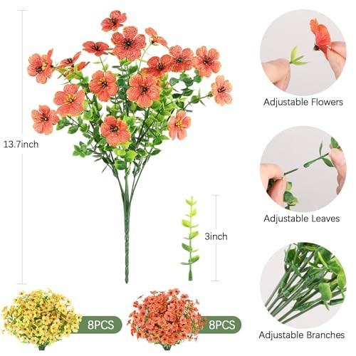 16 Bundles UV Resistant Artificial Flowers – Faux Plants for Outdoor Summer Fall