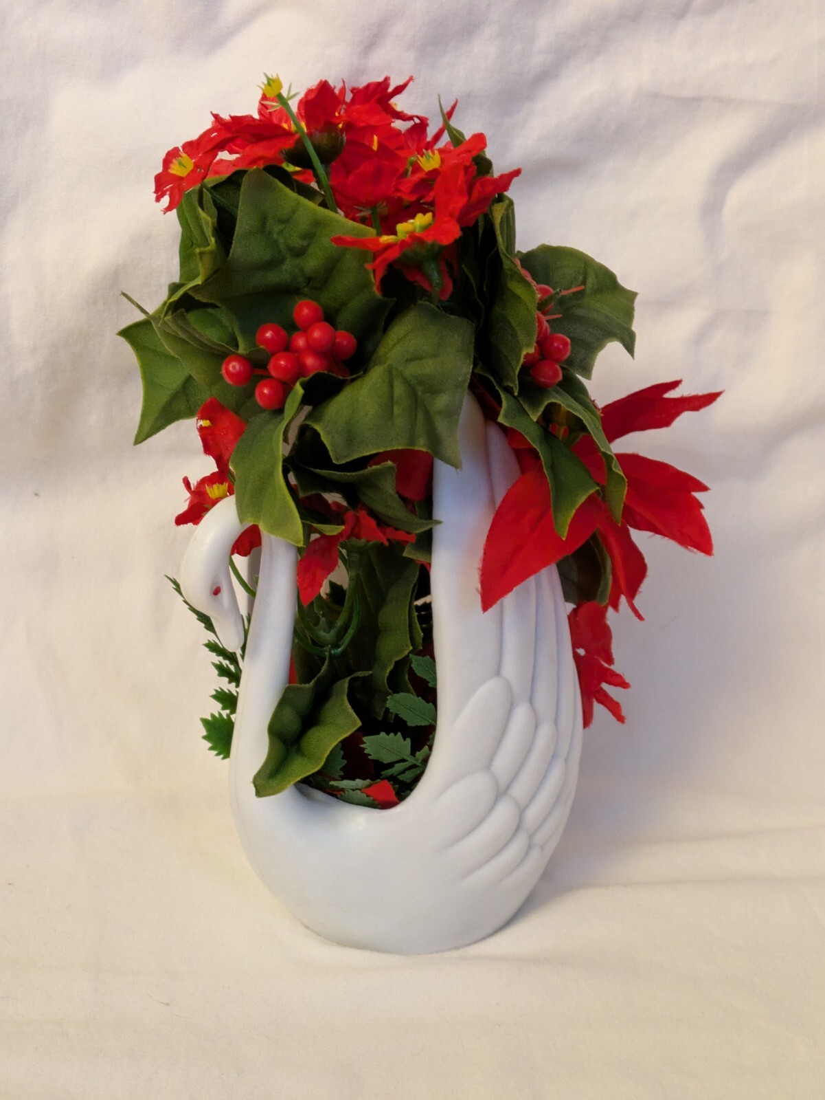Vintage Artificial Red Flower White Plastic Swan Big Wing Planter Markovitz