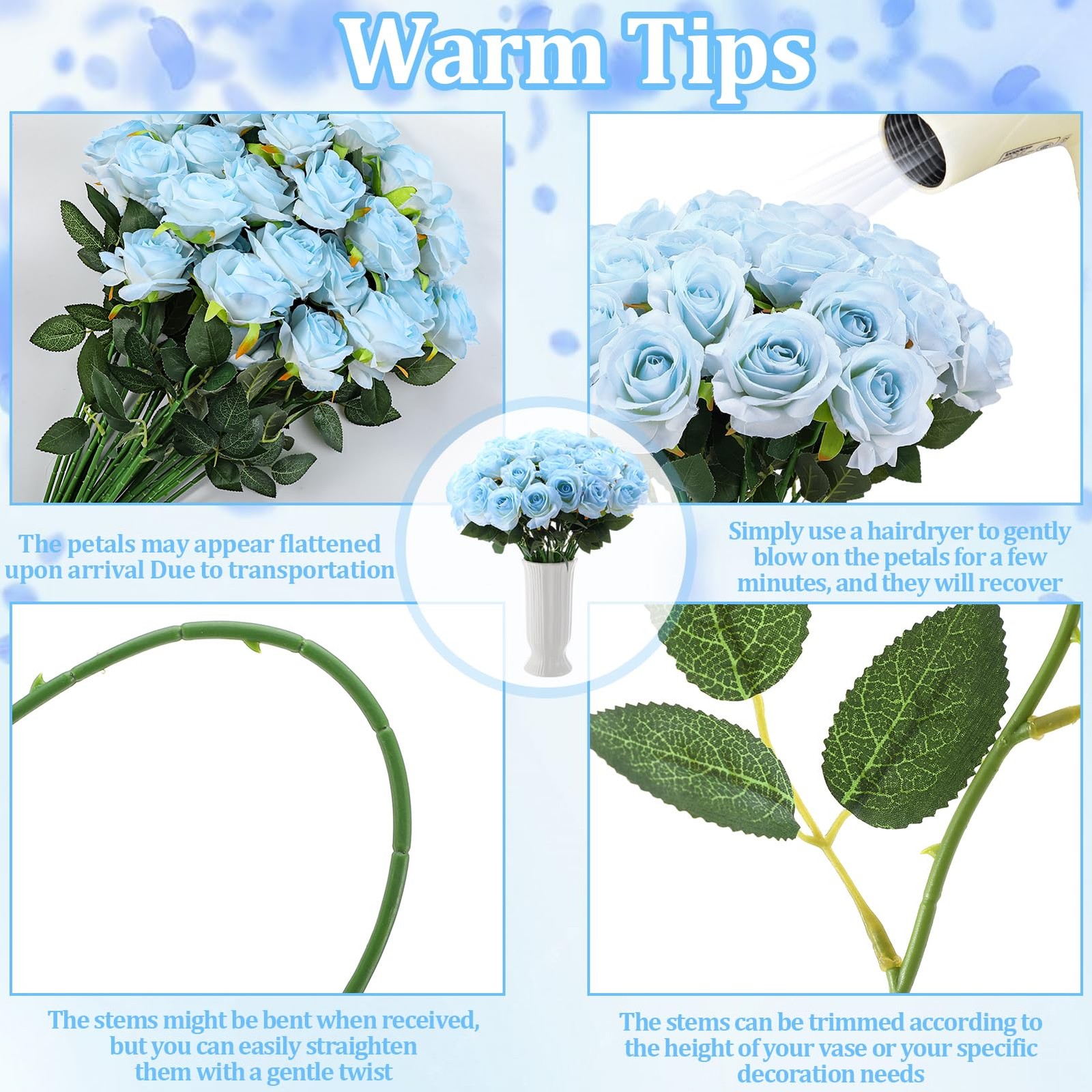 68 Pcs Ice Blue Artificial Roses Fake Flowers,Silk Flowers with Stems for DIY…