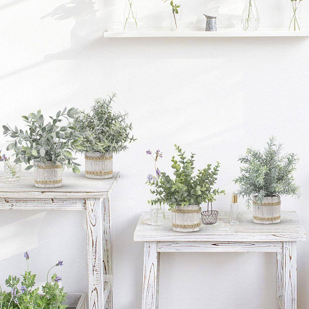 9.84 In. Gray Indoor Small Artificial Eucalyptus Plants in Grey Pot 4 Packs