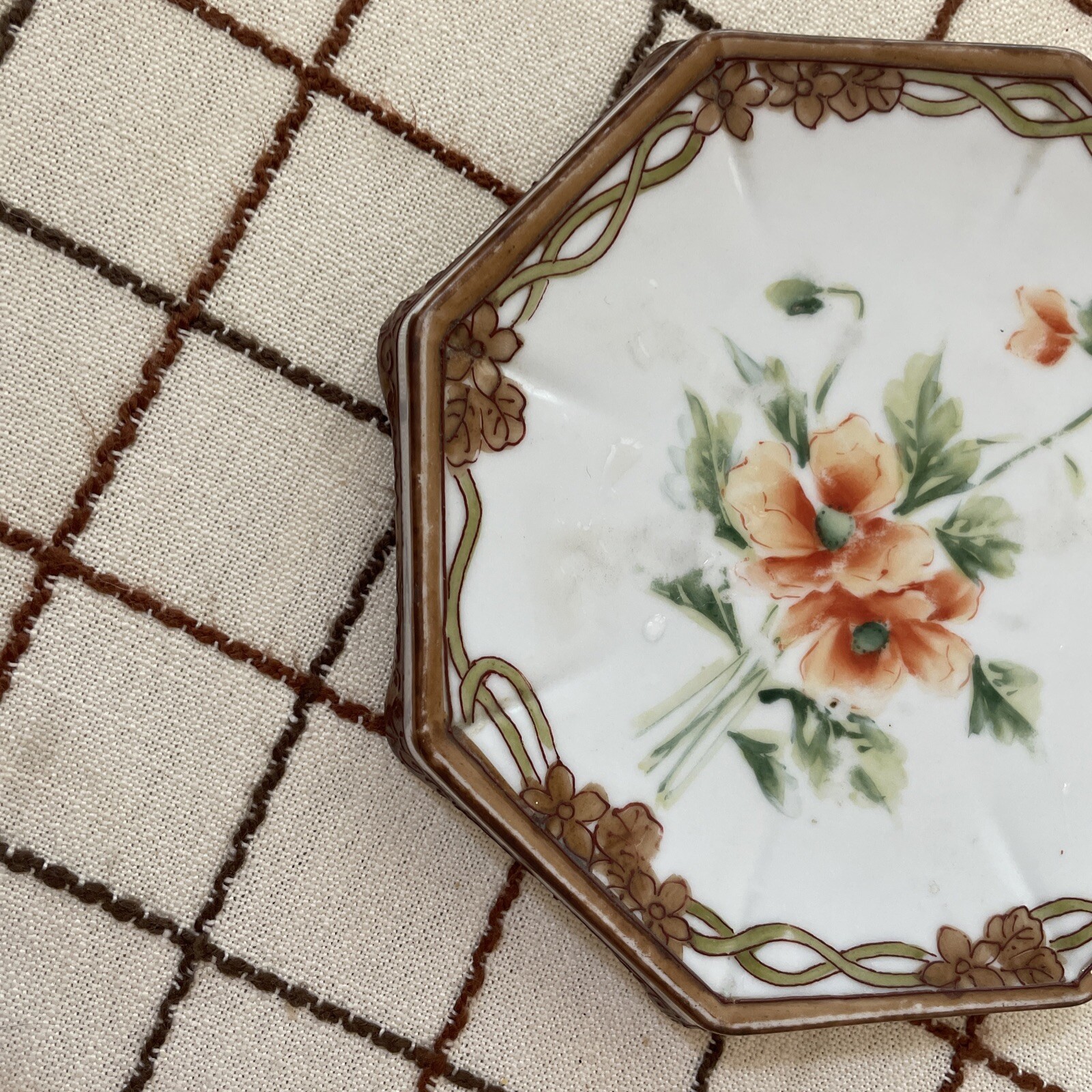 Antique NIPPON porcelain footed Planter Plate Poppy flowers Sun mark