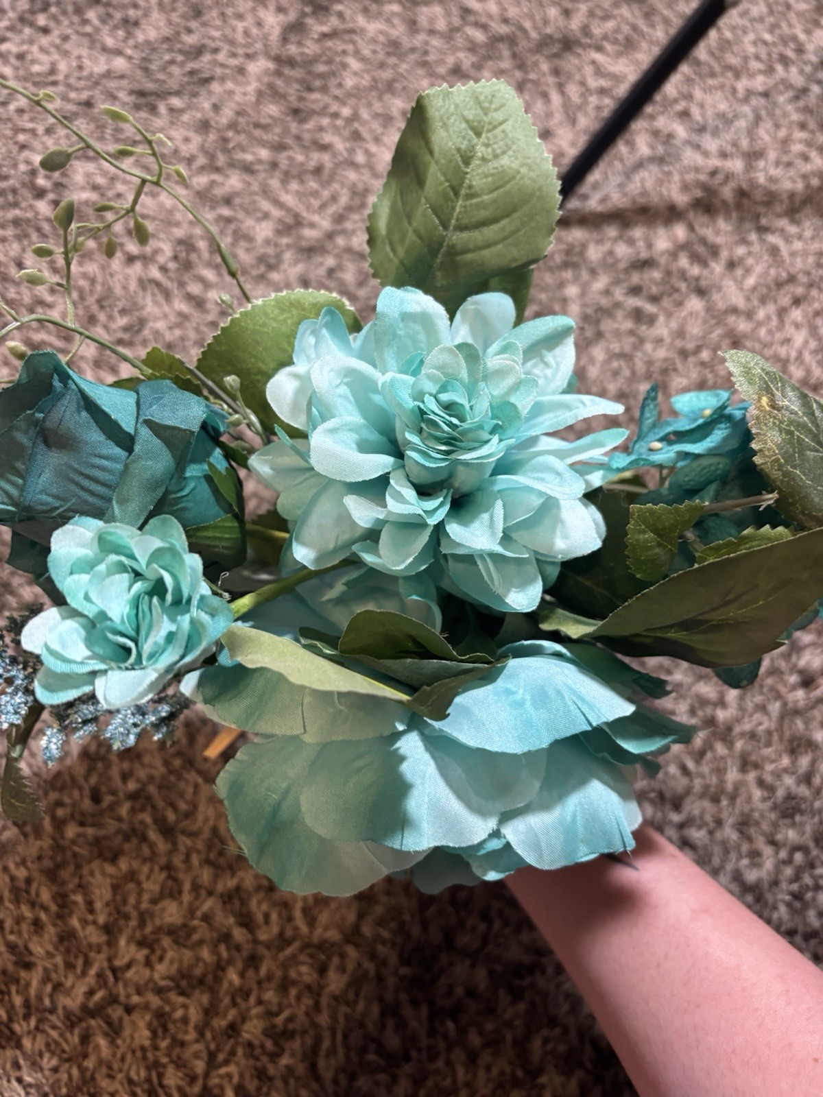 Teal Blue Artificial Flower Bouquet – Mixed Faux Blooms & Greenery, Rustic Wrap