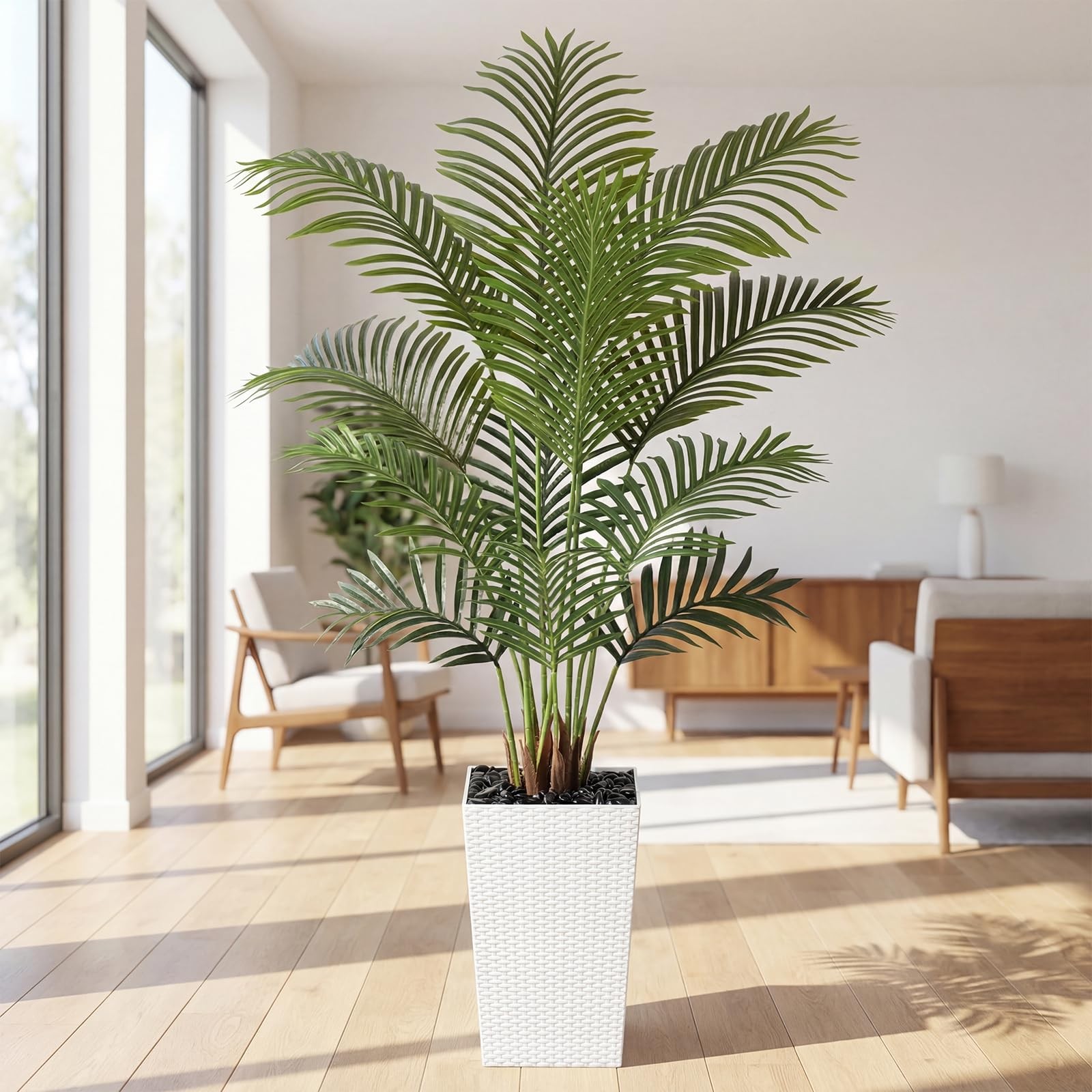 5ft Artificial Palm Tree with White Planter – Tall Fake Palm Tree Indoor Fake…