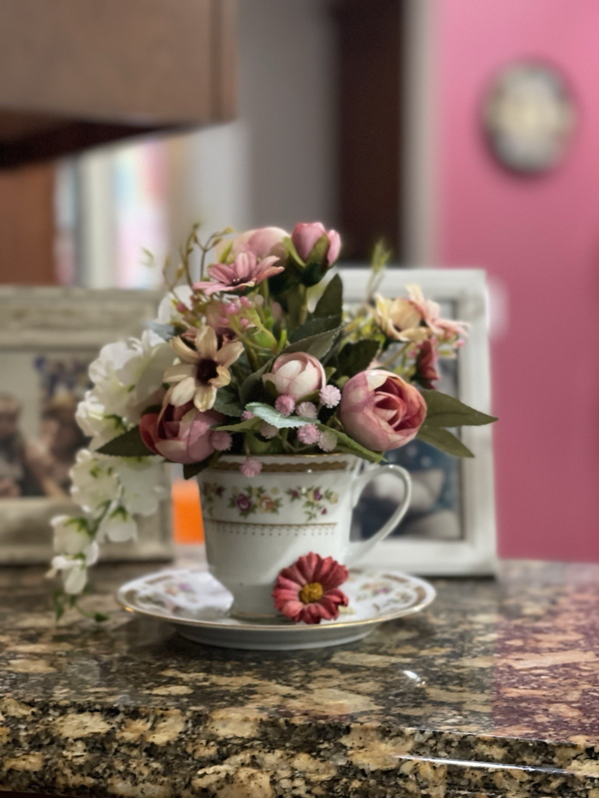 Hand Crafted Tea Cup Flower Arrangement.