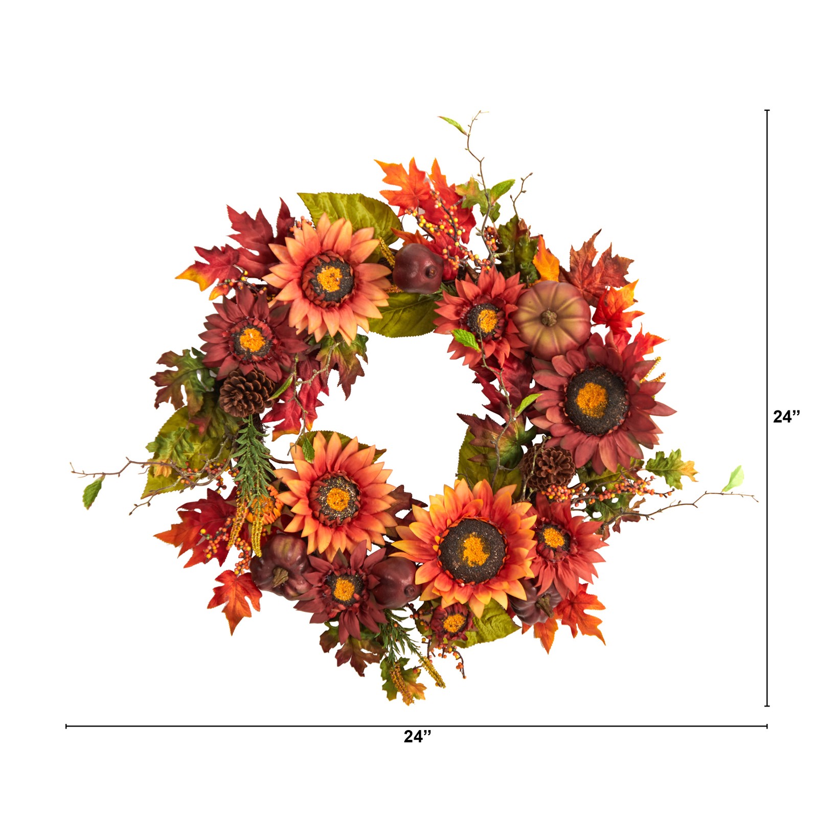24″ Autumn Sunflower/Pumpkin/Pinecone and Berries Fall Artificial Wreath Orange