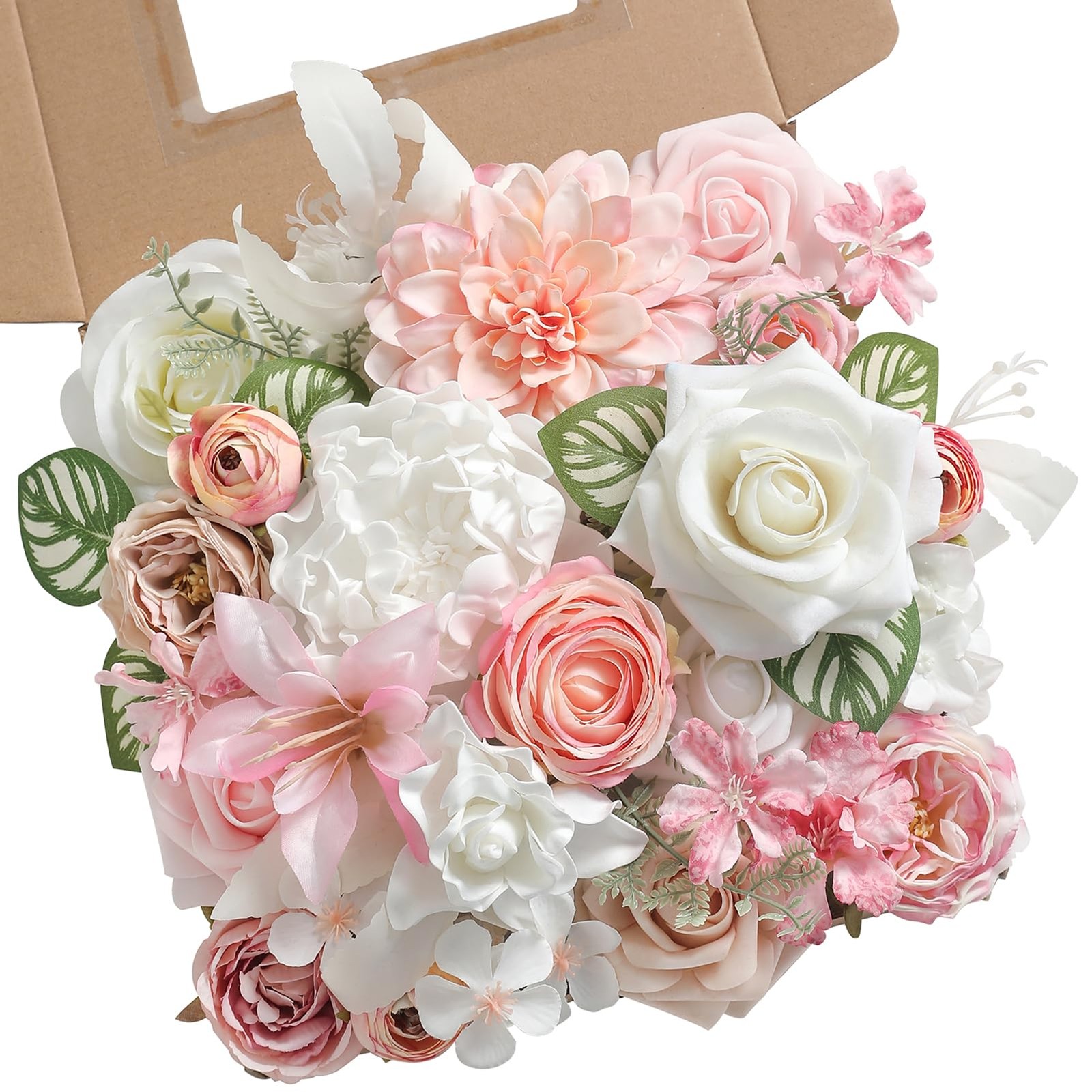 White Pink Artificial Flowers Silk Fake Roses Peonies Greenery Combo Box Set …