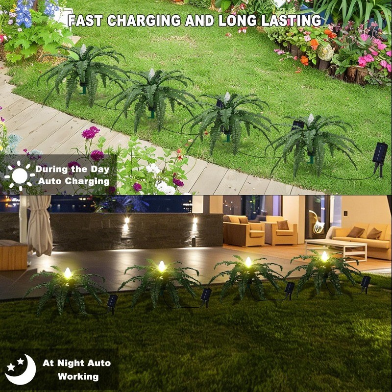 2PCS Artificial Plants w/Solar Lights, Fake Prelit Boston Ferns for Yard Patio